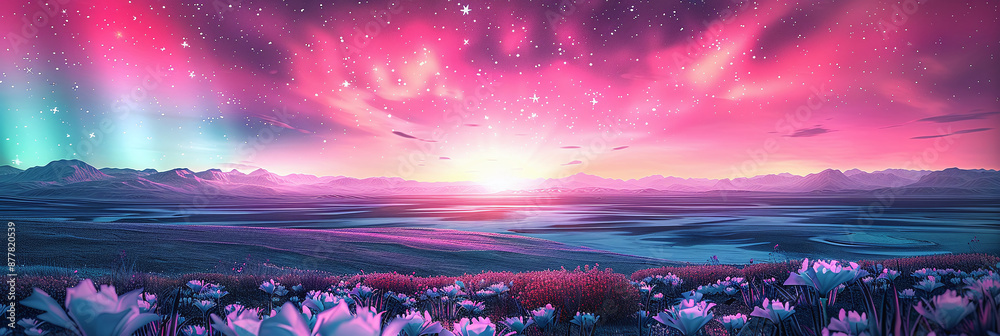 Obraz premium A starry night with pink and purple hues illuminates a blooming flower field, creating a surreal landscape. The serene scene captures nature's enchanting beauty under the cosmos.