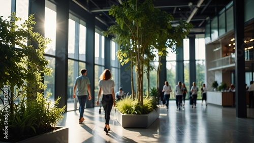 Blurred background of people walking in a modern office building with green trees and sunlight , eco friendly and ecological responsible business concept