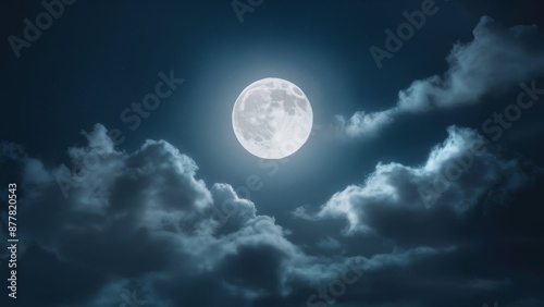 A captivating night sky scene with a bright, glowing full moon illuminating the landscape. The moon's surface appears to emit soft, otherworldly light that casts a gentle glow on the scattered clouds.