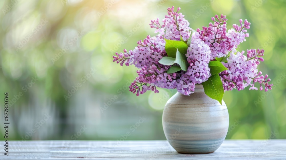 Beautiful vase of fresh lilac flowers placed on a wooden table, with a soft green background creating a serene atmosphere. Beautiful vase of fresh lilac flowers placed on a wooden table, with a soft green background creating a serene atmosphere.