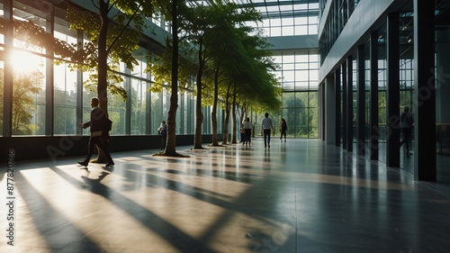 Blurred background of people walking in a modern office building with green trees and sunlight , eco friendly and ecological responsible business concept