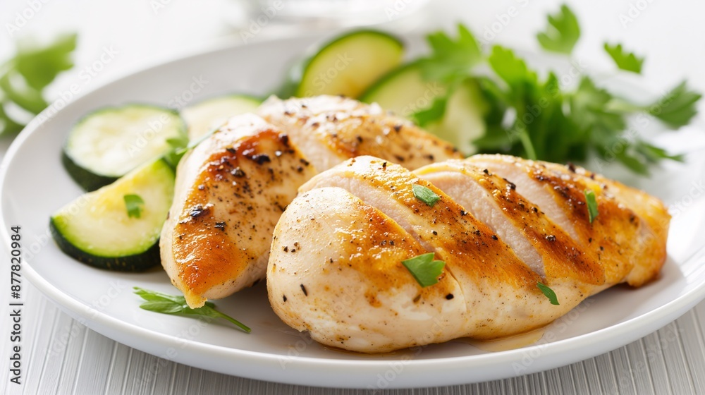 Food for convalescent patients, A plate of tender, poached chicken breast with a side of steamed zucchini Food for convalescent patients, A plate of tender, poached chicken breast with a side of steamed zucchini