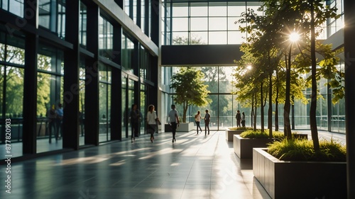 Blurred background of people walking in a modern office building with green trees and sunlight , eco friendly and ecological responsible business concept