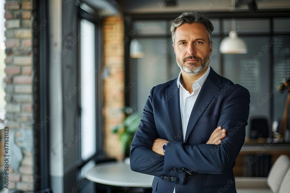 Portrait of a professional man in a suit standing in a modern office. Mature business man looking at the camera in a workplace meeting area - generative ai Portrait of a professional man in a suit standing in a modern office. Mature business man looking at the camera in a workplace meeting area - generative ai