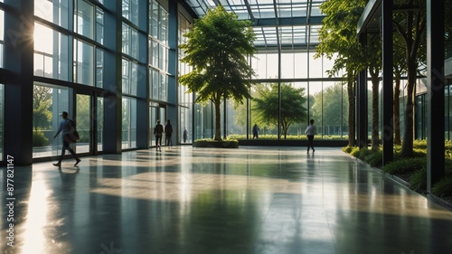 Blurred background of people walking in a modern office building with green trees and sunlight , eco friendly and ecological responsible business concept