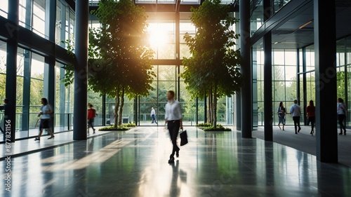 Blurred background of people walking in a modern office building with green trees and sunlight , eco friendly and ecological responsible business concept