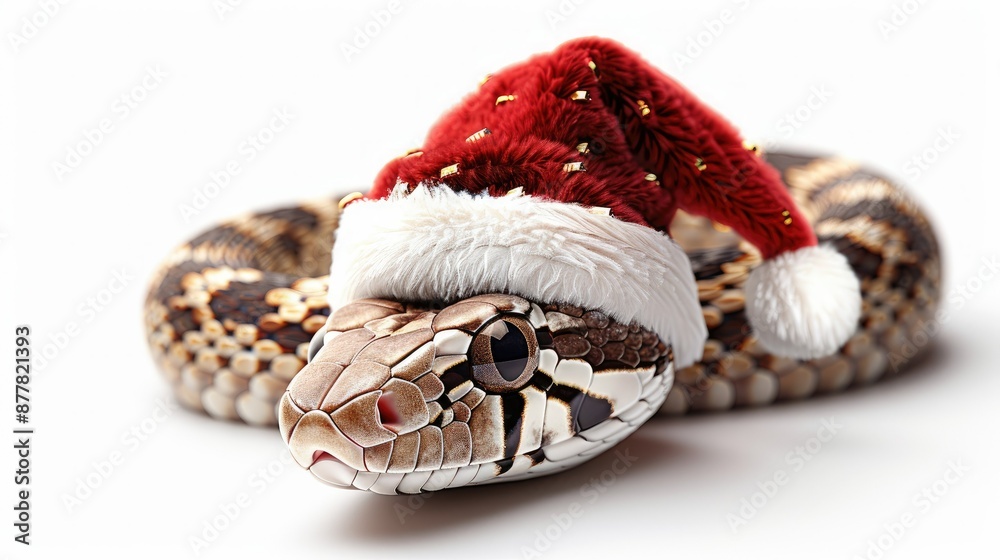 Naklejka premium Festive Snake Wearing Santa Hat on White Background - Holiday Theme