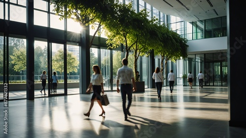 Blurred background of people walking in a modern office building with green trees and sunlight , eco friendly and ecological responsible business concept
