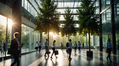 Blurred background of people walking in a modern office building with green trees and sunlight , eco friendly and ecological responsible business concept