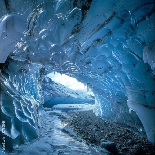 Frozen Realm: An Enchanting Glimpse into the Crystalline Caverns of an Ice Cave, a Wonderland of Glacial Beauty. photo