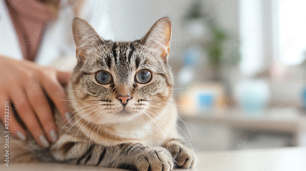 A cat being pampered during a wellness visit at a vet practice, with the vet providing comprehensive care and advice to the owner A cat being pampered during a wellness visit at a vet practice, with the vet providing comprehensive care and advice to the owner