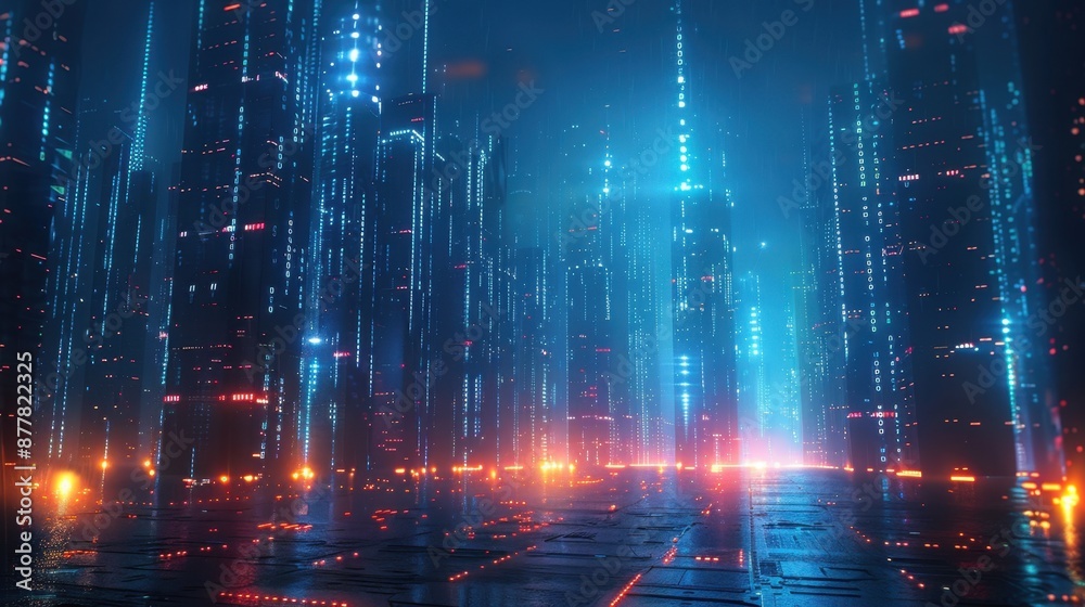Fototapeta premium Futuristic cityscape: Vertical blue code and data streams ascend in a digital metropolis. Dark backdrop amplifies high-tech vibes. Cyberpunk art. 