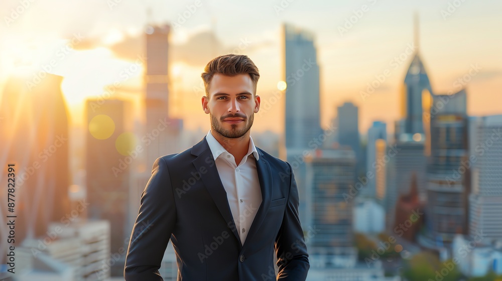 Frontal view of a determined founder in a sharp business suit standing confidently in front of a grand metropolitan skyline Frontal view of a determined founder in a sharp business suit standing confidently in front of a grand metropolitan skyline