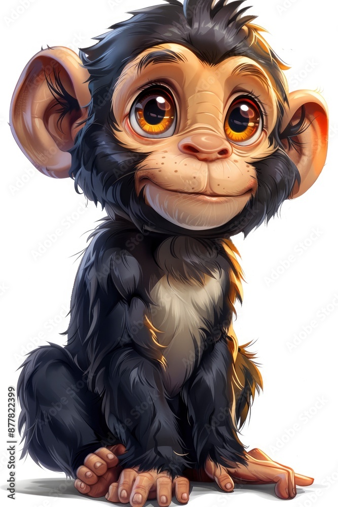 Obraz premium Cute smiling monkey, digital, playful cartoonish, caricature-like, vector art illustration, colorful cartoon, character, vibrant primary