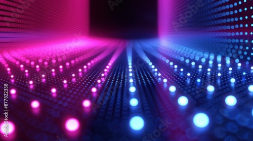 An electrifying visual: dark blue background dotted with luminous blues and pinks, each row of glowing dots animating the space with a sense of digital dynamism and depth. 