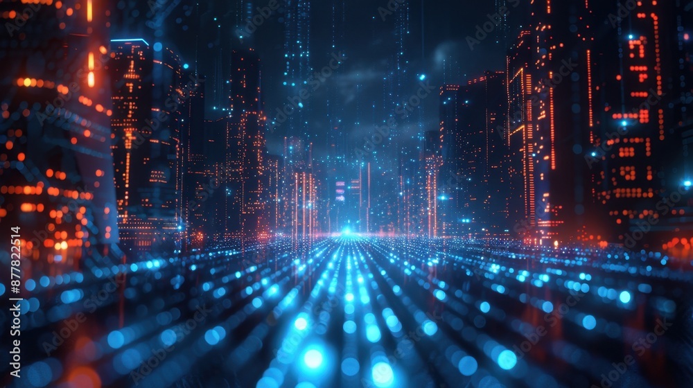 Obraz premium Underneath the velvet veil of night, a city of tomorrow hums with the rhythmic heartbeat of glowing blue data nodes, weaving tales of innovation and possibility. 