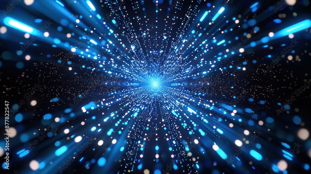 Fototapeta premium A striking futuristic pattern: brilliant blue lines and dots spread evenly from a central point on a dark backdrop, forming a mesmerizing symmetry. 