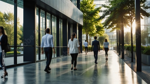 Blurred background of people walking in a modern office building with green trees and sunlight , eco friendly and ecological responsible business concept