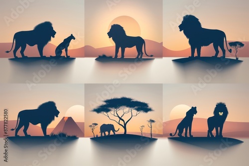 African Safari Animal Icons: Lion Silhouette and Wild Animal Collection for Logos and Designs - Isolated on White Background photo