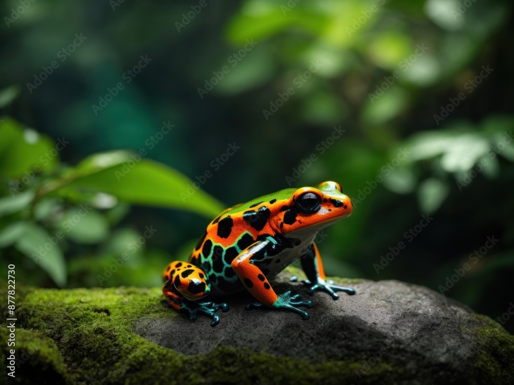 closeup of bright poison dart frog sitting on stone closeup of bright poison dart frog sitting on stone