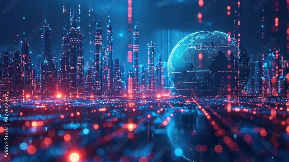 Fototapeta premium Cyber City Lights: Radiant cityscape aglow in vibrant blues, weaving a web of digital networks that span the earth, a beacon of technological advancement. 