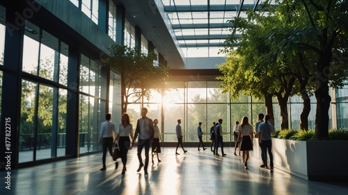 Blurred background of people walking in a modern office building with green trees and sunlight , eco friendly and ecological responsible business concept