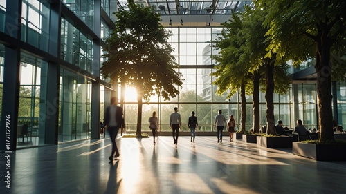 Blurred background of people walking in a modern office building with green trees and sunlight , eco friendly and ecological responsible business concept