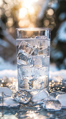 Refreshing Chill: A Glass of Water with Ice against a Frosty Background, Capturing the Essence of Cool Tranquility photo