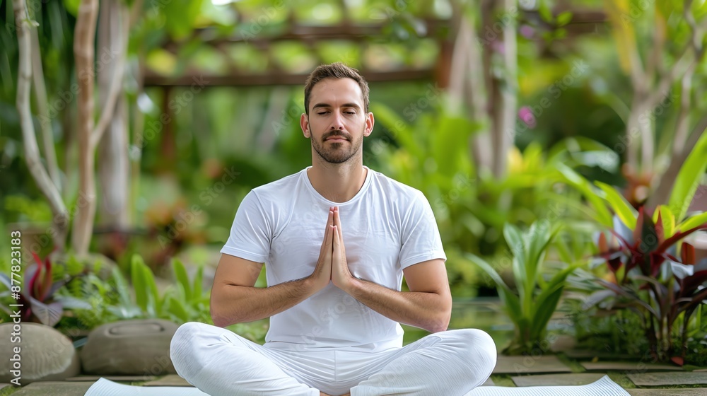 Man practicing mindful yoga in a serene garden, Vitality Exercise Awareness, capturing inner peace and fitness Man practicing mindful yoga in a serene garden, Vitality Exercise Awareness, capturing inner peace and fitness