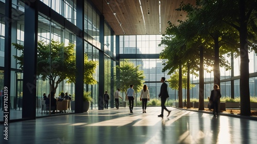 Blurred background of people walking in a modern office building with green trees and sunlight , eco friendly and ecological responsible business concept