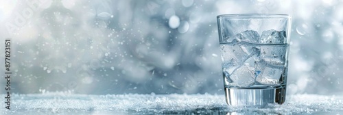 Refreshing Chill: A Glass of Water with Ice against a Frosty Background, Capturing the Essence of Cool Tranquility photo