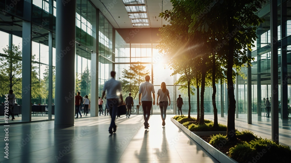 Blurred background of people walking in a modern office building with green trees and sunlight , eco friendly and ecological responsible business concept Blurred background of people walking in a modern office building with green trees and sunlight , eco friendly and ecological responsible business concept