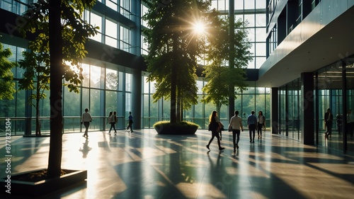 Blurred background of people walking in a modern office building with green trees and sunlight , eco friendly and ecological responsible business concept