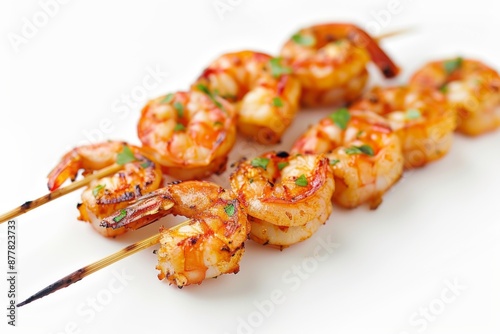 Grilled shrimp skewer delicacy: Presented alone on a pure white background, showcasing the tempting flavors of summer barbecue photo