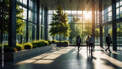 Blurred background of people walking in a modern office building with green trees and sunlight , eco friendly and ecological responsible business concept