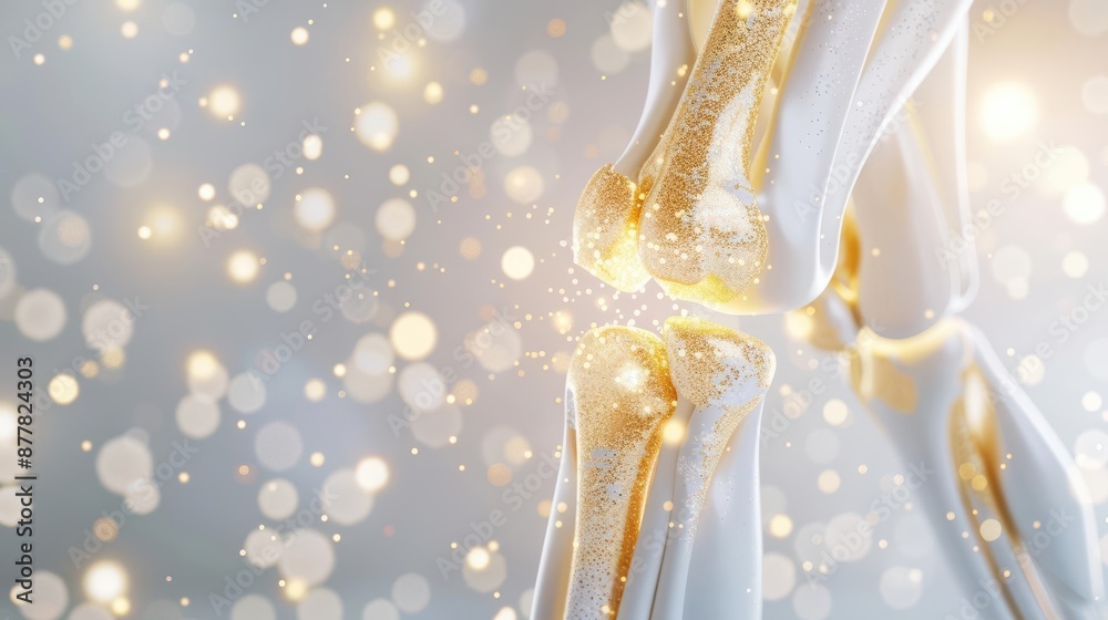 Naklejka premium Knee joint with golden molecules medical illustration bright background high detail