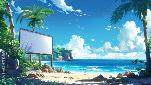 An enchanting anime-style beach scene, with vibrant blue waters and swaying palm trees. A large white background billboard is prominently placed in the middle of the scene, providing a bold contrast