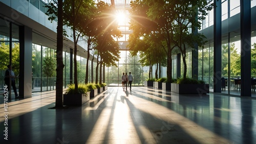 Blurred background of people walking in a modern office building with green trees and sunlight , eco friendly and ecological responsible business concept