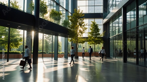 Blurred background of people walking in a modern office building with green trees and sunlight , eco friendly and ecological responsible business concept