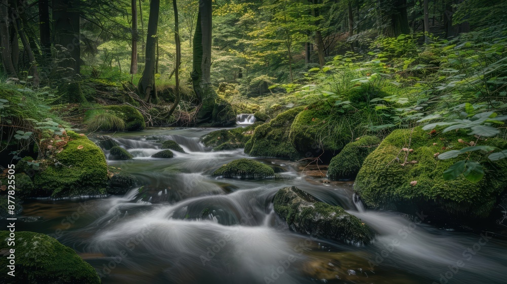 Serene Forest Stream Flowing Through Mossy Rocks in Lush Green Woodland Serene Forest Stream Flowing Through Mossy Rocks in Lush Green Woodland