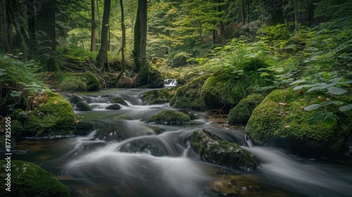 Serene Forest Stream Flowing Through Mossy Rocks in Lush Green Woodland