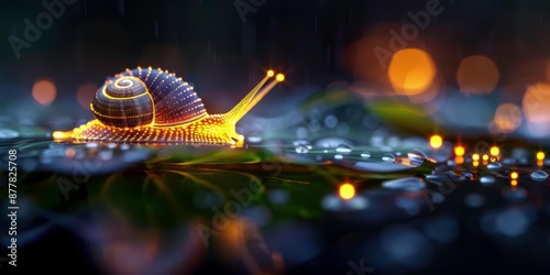 Close-up of a glowing snail on a leaf with water droplets at night, surrounded by a bokeh light effect. photo