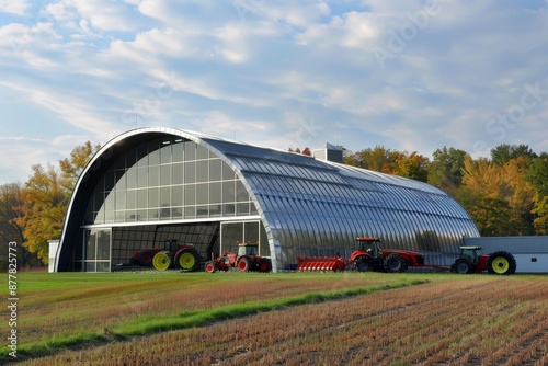 Modern Agricultural Building with Tractors