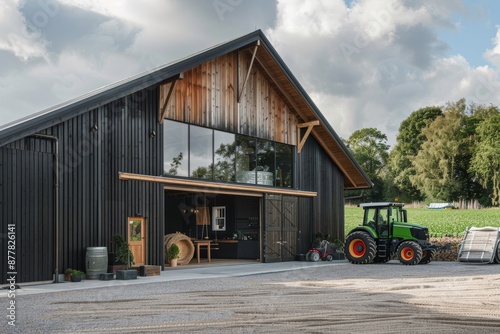 Modern Black Barn with Green Tractor and Open Doors