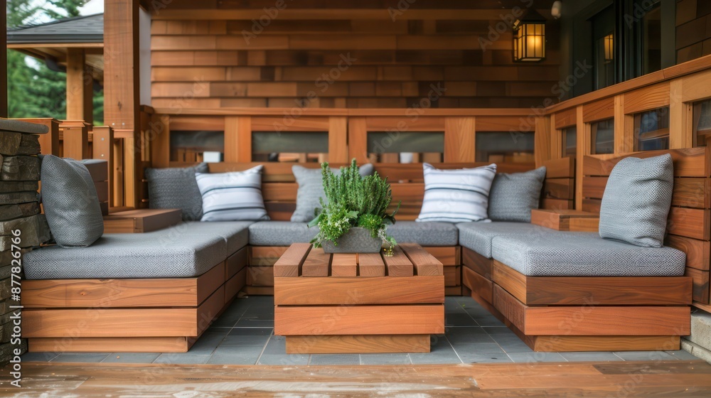 wooden Craftsman-style modular outdoor seating arrangement, featuring versatile components that can be reconfigured as needed for events or relaxation wooden Craftsman-style modular outdoor seating arrangement, featuring versatile components that can be reconfigured as needed for events or relaxation