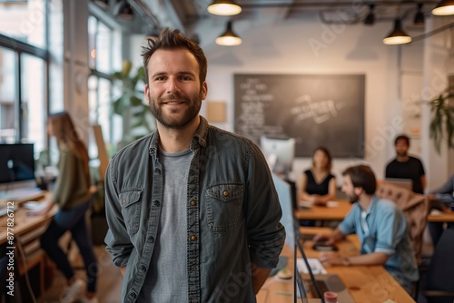 Successful business man standing in creative office and looking at camera. man entrepreneur in a coworking space smiling. Portrait of beautiful business man standing in front - generative ai © Nia™