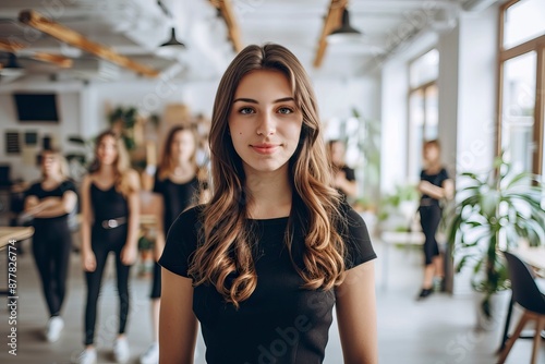 Successful businesswoman standing in creative office and looking at camera. Woman entrepreneur in a coworking space smiling. Portrait of beautiful business woman standing in front - generative ai © Nia™