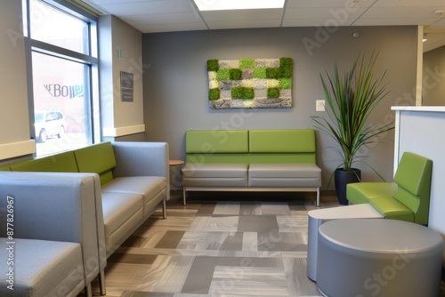 Contemporary Waiting Room Serenity: A Modern Doctor's Office with Sophisticated Grey and Green Interior Design for Patient Comfort photo