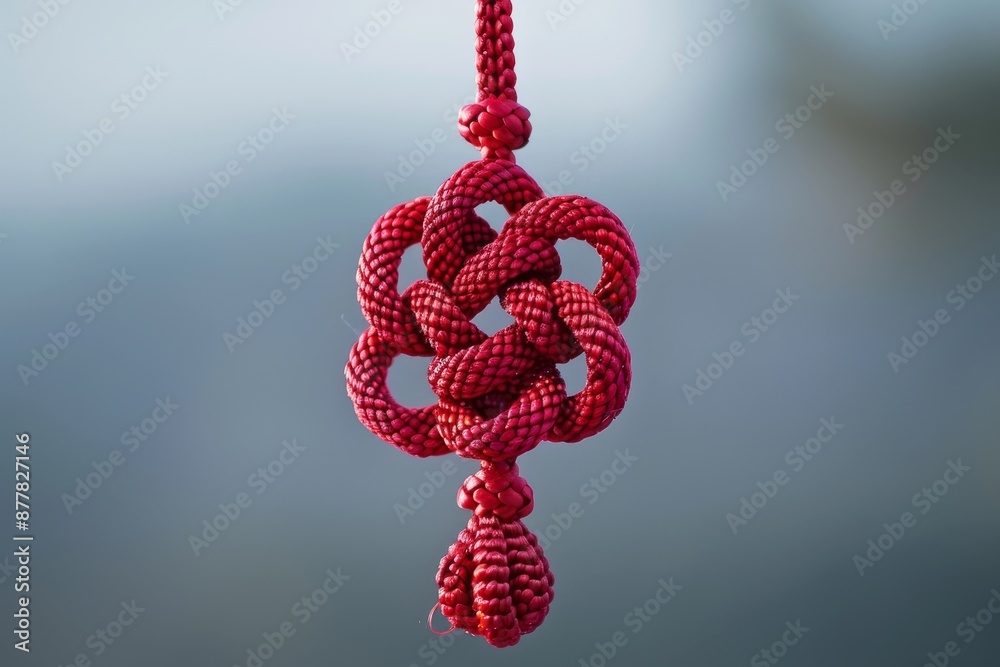 A close-up of a traditional red Chinese knot ornament hanging on a simple white background. A close-up of a traditional red Chinese knot ornament hanging on a simple white background.