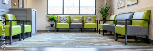 Contemporary Waiting Room Serenity: A Modern Doctor's Office with Sophisticated Grey and Green Interior Design for Patient Comfort photo